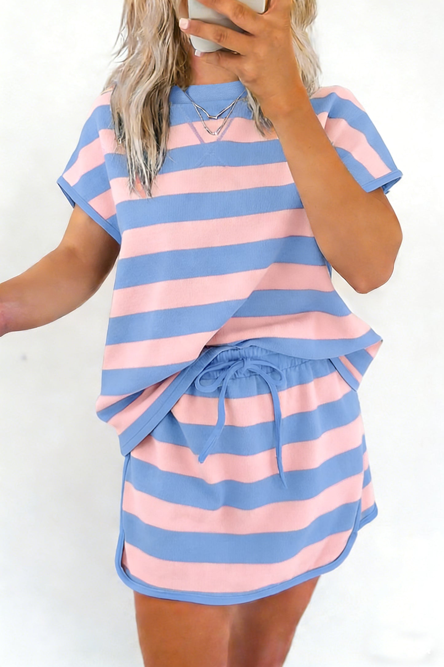 Stripe Dolman Tee Drawstring Skort Athletic 2pcs Set