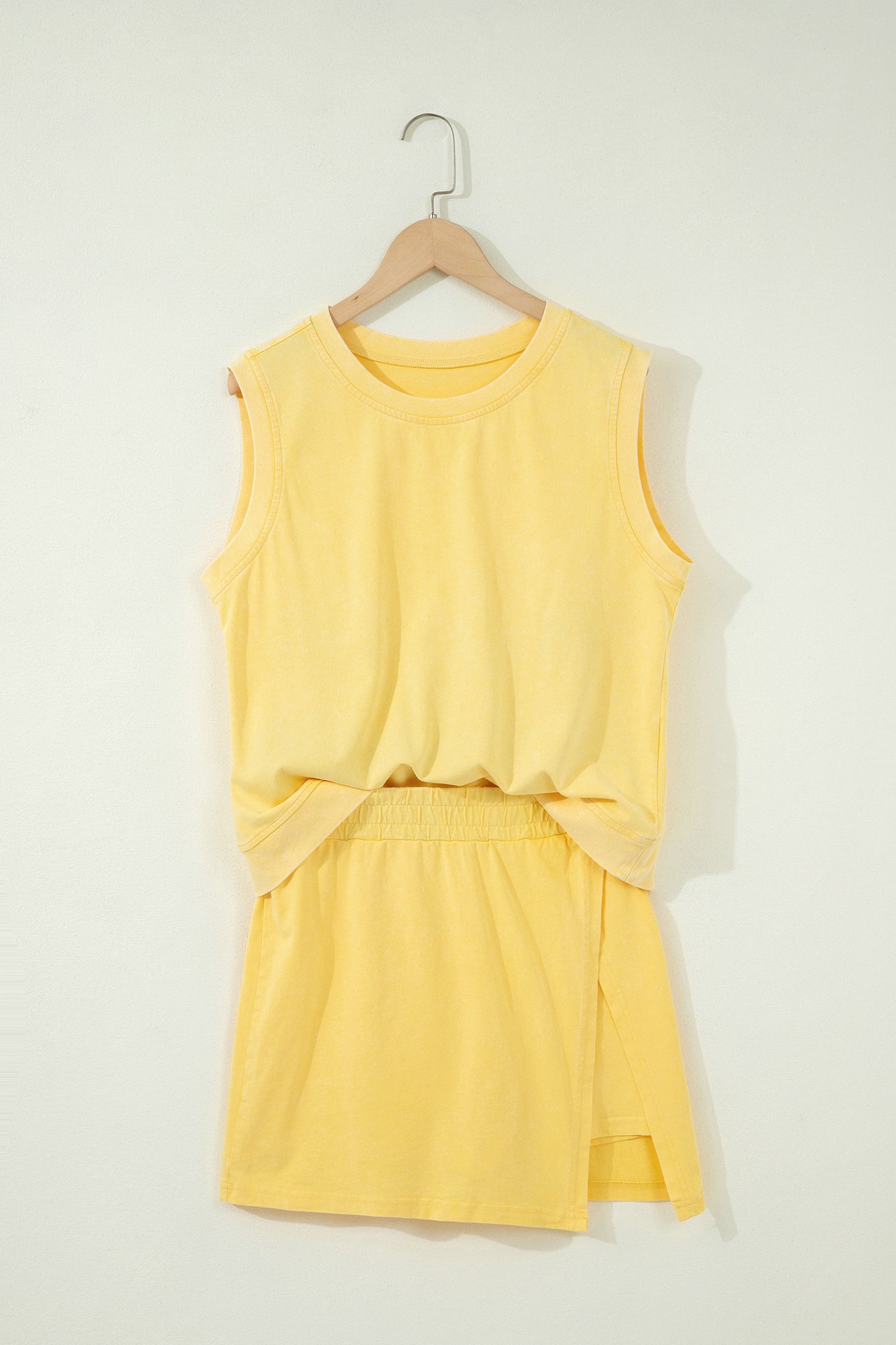 2 Piece Mineral Wash Cotton Tank Top Lined Split Skort Set
