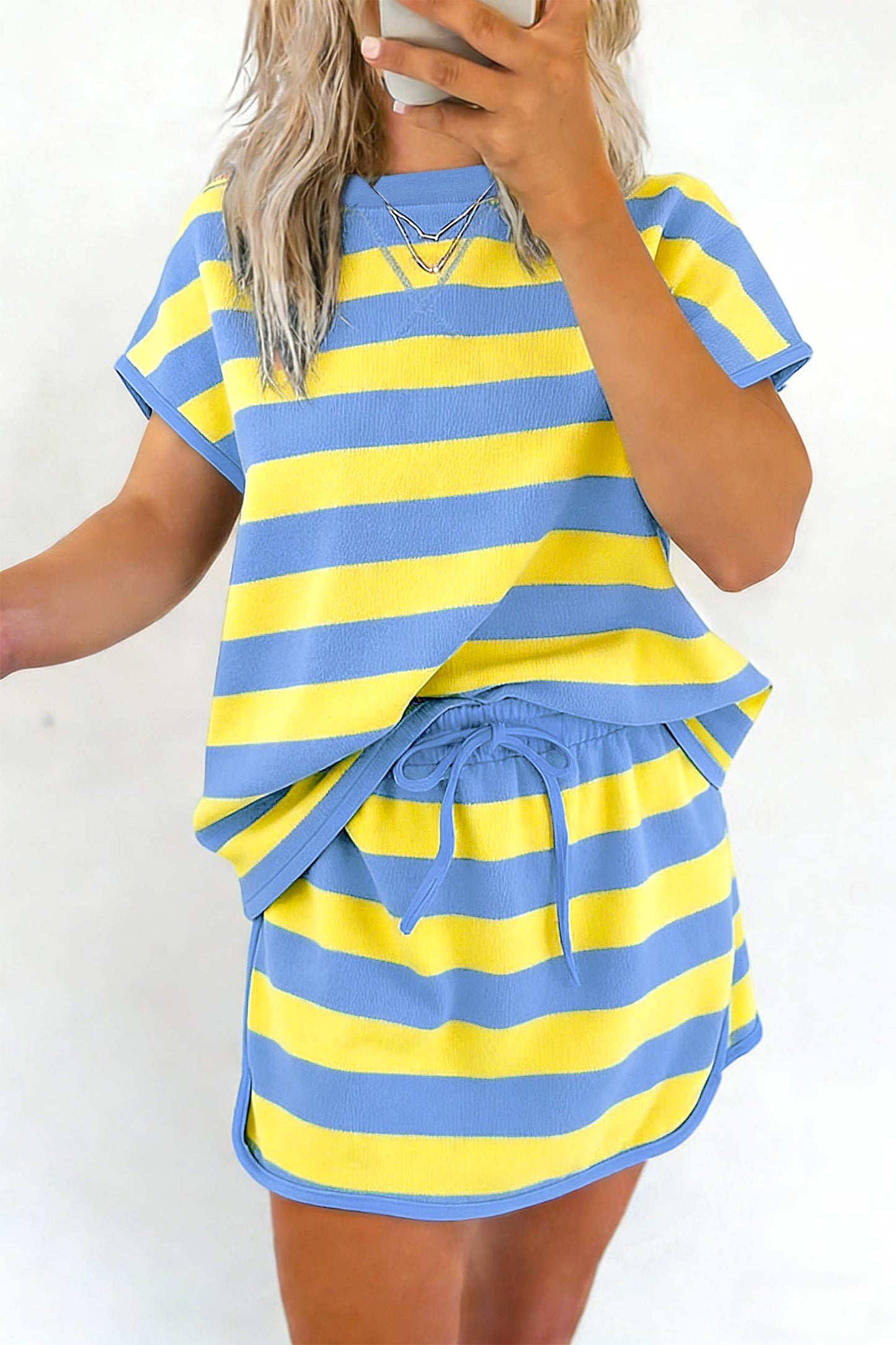 Stripe Dolman Tee Drawstring Skort Athletic 2pcs Set