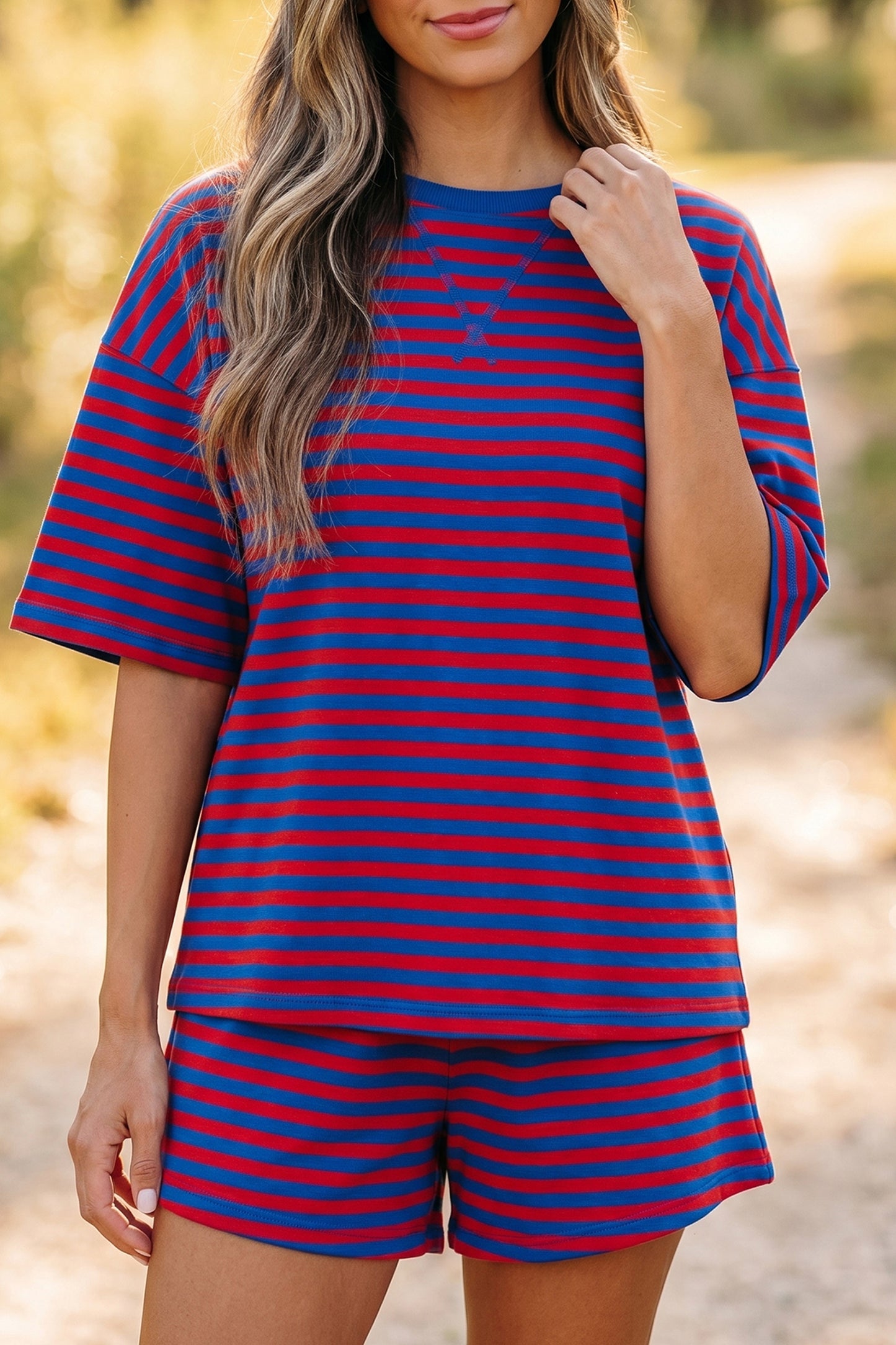 Striped Ribbed Cotton Two-Piece Pant Set with Chest Patch Detail